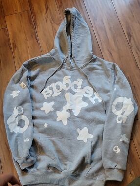 Grey Hoodie with White Star & Logo Graphics